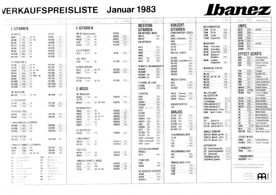 Price lists Ibanez Vintage Guitars