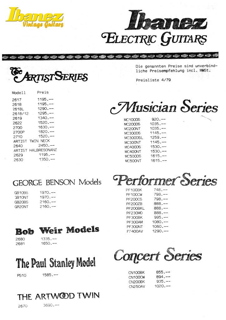 Price lists Ibanez Vintage Guitars