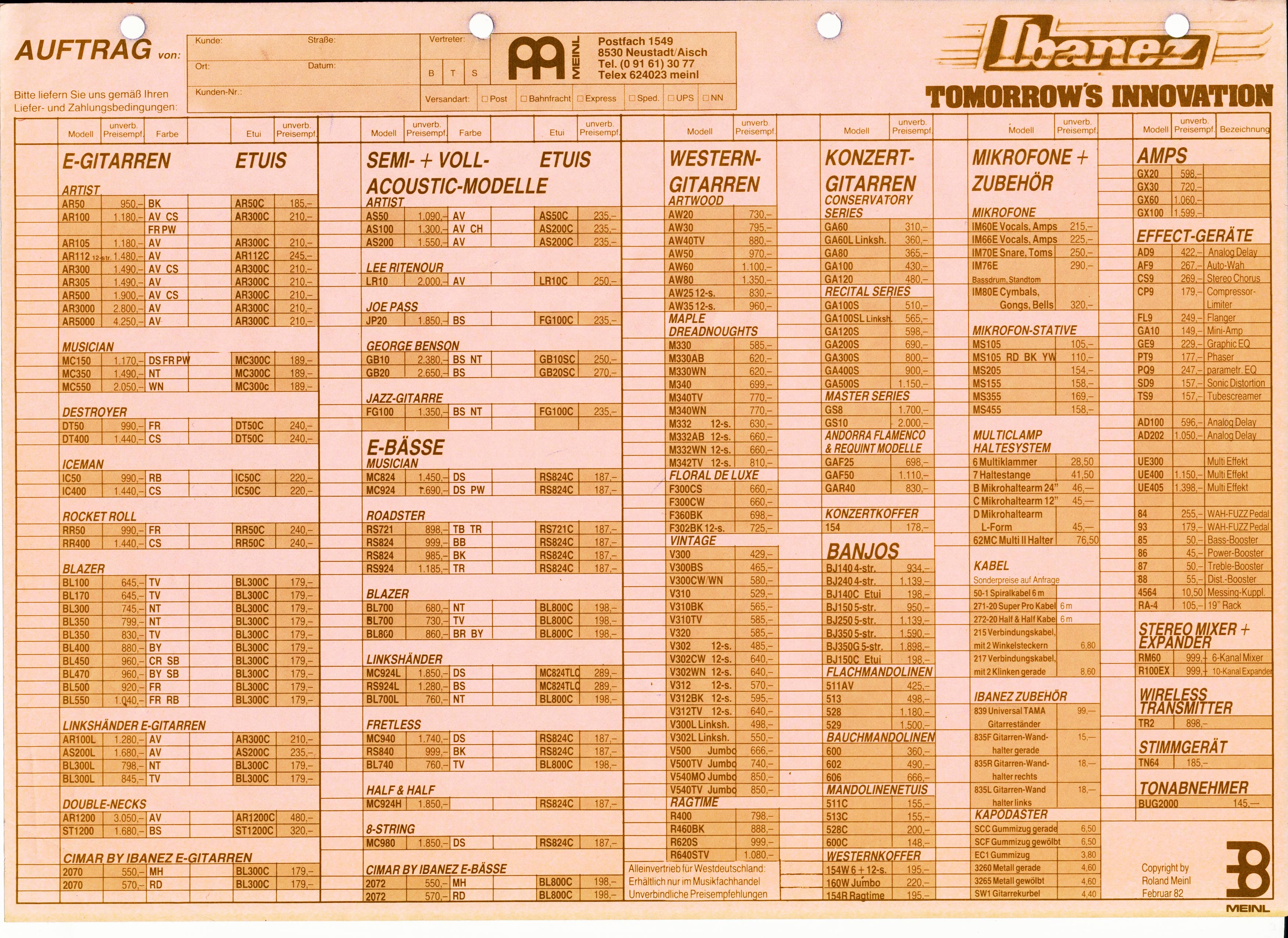 Price list February 1982